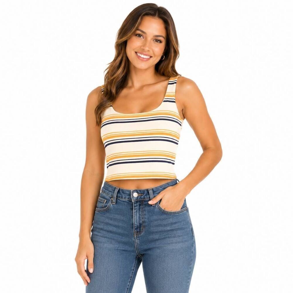 Rue21 Women’s Striped Cropped Tank Top Size Large Yellow Blue White Stretch
